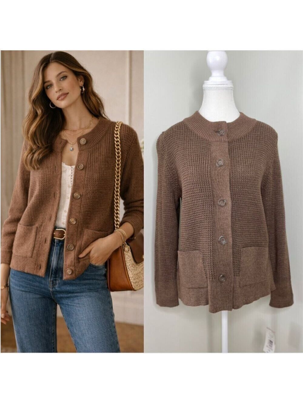 NWT ALIA Petite Waffle Knit Button Front Cardigan M